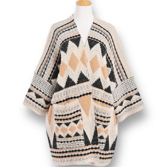 RAJ L.A Women’s Billie Fuzzy Autumn Poncho Wrap Bohemian Ruana in Mocha Multi - Picture 3 of 11